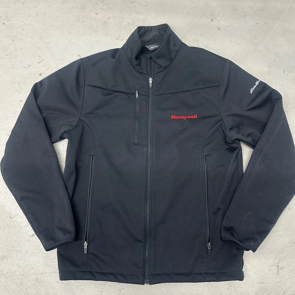 Eddie Bauer Black Softshell Jacket M Honeywell Logo Full Zip Fleece Lined